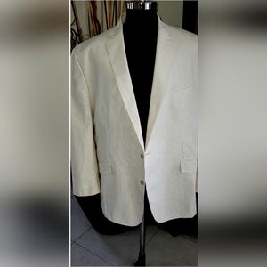 CALVIN KLEIN 52 R LIGHT TAN ON CREAM 2 BUTN LINED COTTON BLAZER-L 32-SLEV 32 1/2